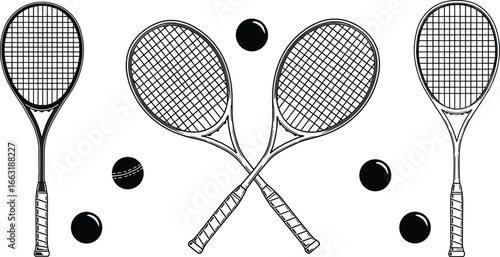 Squash rackets and black squash balls illustration, sports equipment, vector design, isolated background, fitness game, racquet sport, healthy activity