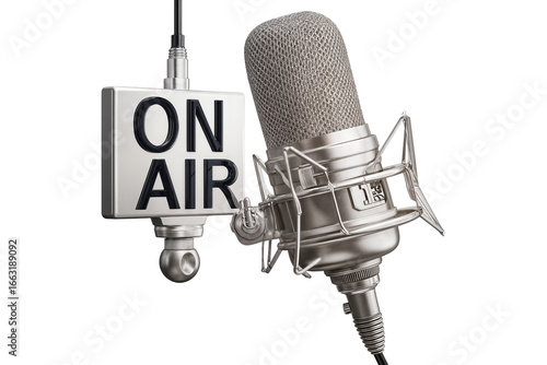 Studio microphone and live broadcast sign for professional radio and podcast recording setup on transparent background