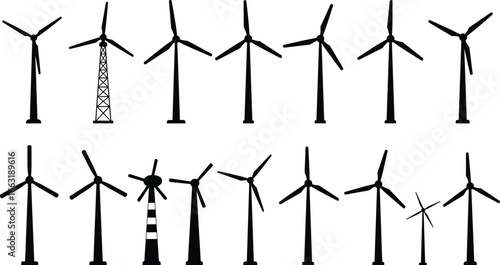 Wind turbine silhouettes vector set for renewable energy concepts, green power design, sustainable technology icons, and eco-friendly infrastructure visuals