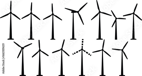 Wind turbine silhouettes vector set for renewable energy concepts, green power design, sustainable technology icons, and eco-friendly infrastructure visuals