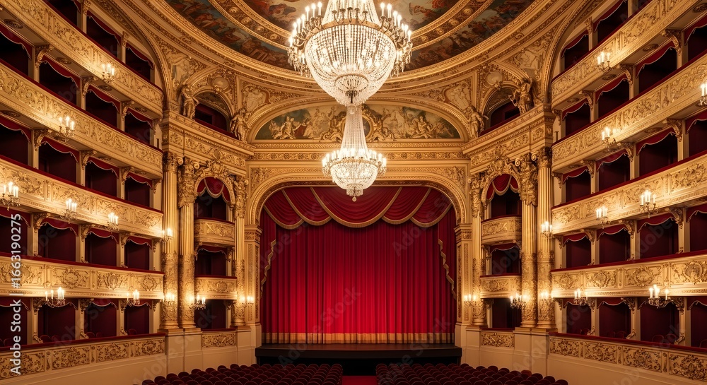 Obraz premium Theater opera house stage auditorium interior architecture chandelier red curtain performance arts venue