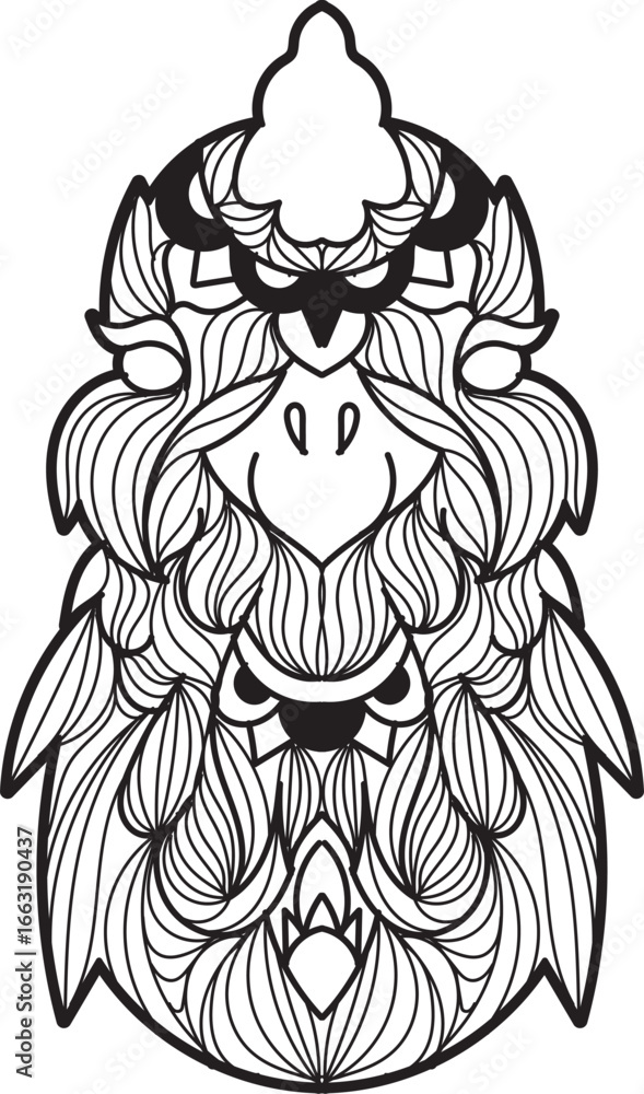 Symmetrical black and white line art illustration depicting a stylized, ornate mythical bird-like creature with intricate patterns and a tribal aesthetic.