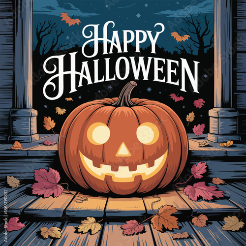 Spooky Halloween pumpkin lantern with bats and autumn leaves jack o lantern scary