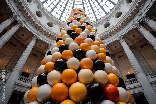 Majestic balloon installation ascends towards grand dome ceiling, creating a vibrant, celebratory focal point within an opulent architectural space.