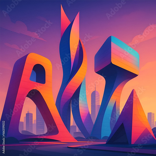 Modern Abstract Cityscape Illustration with Geometric Buildings at Sunset
