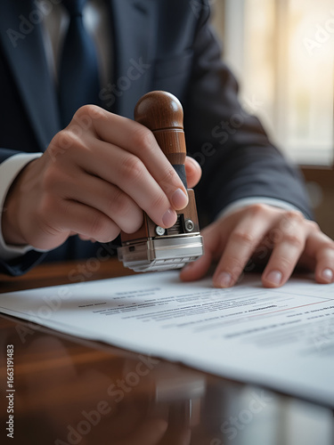 Official Document Stamping - Legal Approval. A businessman applies a official stamp to a legal document, signifying approval and validation. This image captures the essence of legal processes.