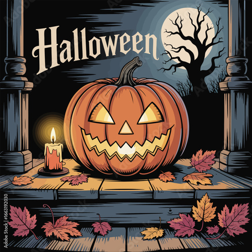 Jack-o-lantern on porch steps with candle, leaves, and spooky tree at night halloween