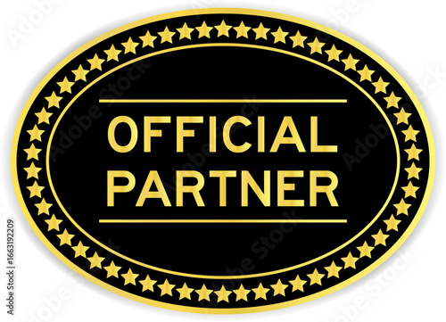 Black and gold color oval label sticker with word official partner on white background