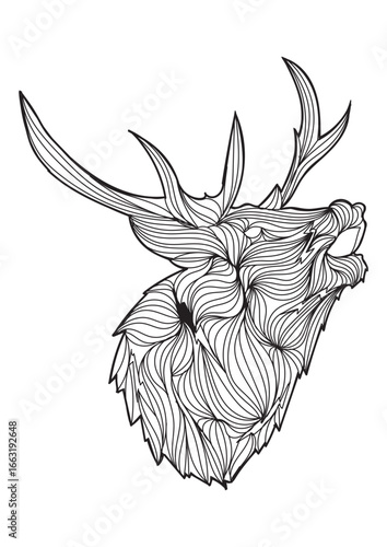 Stylized black and white line art illustration of a roaring deer head with intricate wavy patterns and large antlers.