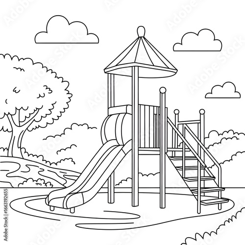 A black and white playground illustration line art of a coloring page 