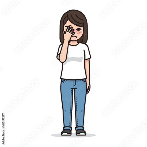 Embarrassed Young Woman: A young woman, displaying a gesture of shame or embarrassment, stands against a plain backdrop. Capturing a moment of internal struggle.