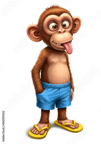 A funny cartoon monkey with big eyes wearing blue shorts and yellow flipflops sticking its tongue out.