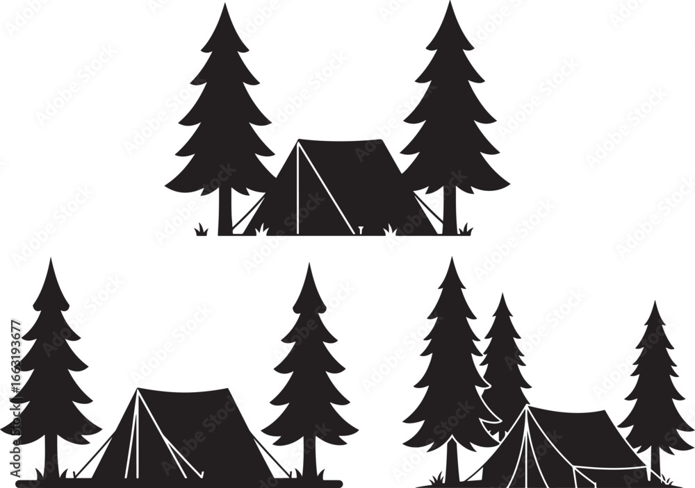 Obraz premium Camping tents among pine trees silhouette
