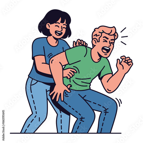 Playful Tickle: A vibrant illustration captures a lighthearted moment of fun, with a woman tickling a man, evoking laughter and joy in this charming display of affection. 