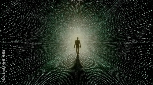 Silhouette of a man walking through a tunnel of digital data