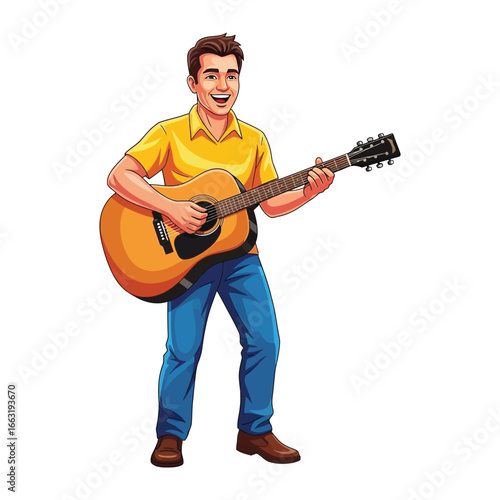 Melody Man's Music: A cheerful man strums a six-string acoustic guitar, bringing the joy of music to life in this vivid illustration.