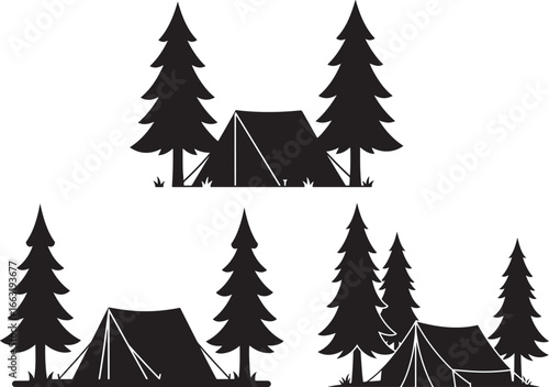 Camping tents among pine trees silhouette
