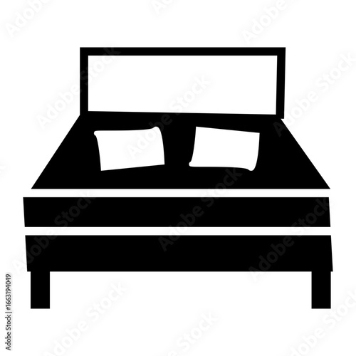 Black and white vector icon of a bed with pillows and headboard. illustration