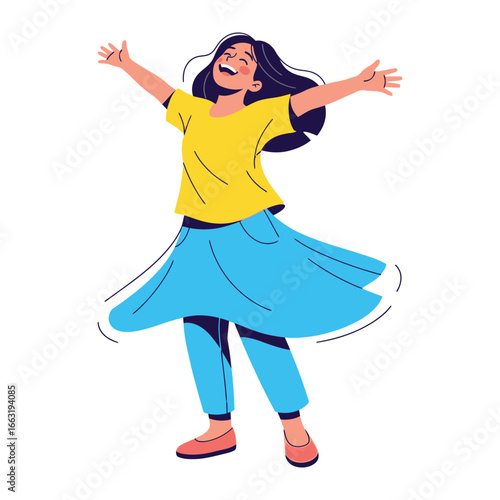 Joyful Whirl: A vibrant illustration of a cheerful woman spinning with arms outstretched. Embrace the pure joy and exuberance of this moment, celebrating freedom and happiness.