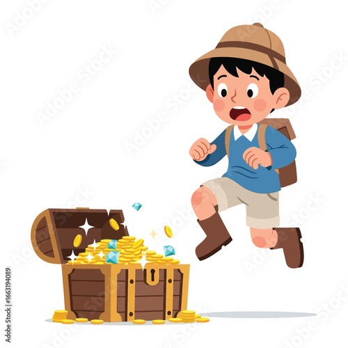 Treasure Discovery: A cartoon explorer leaping with surprise and excitement at the sight of a treasure chest overflowing with gold coins, gems, and wealth