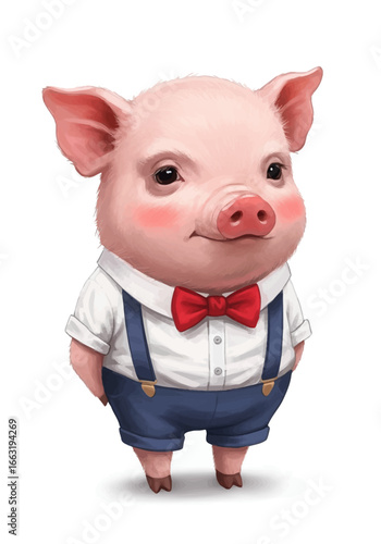 Adorable Pink Piglet in Gentlemanly Outfit Bow Tie Suspenders and Shorts.