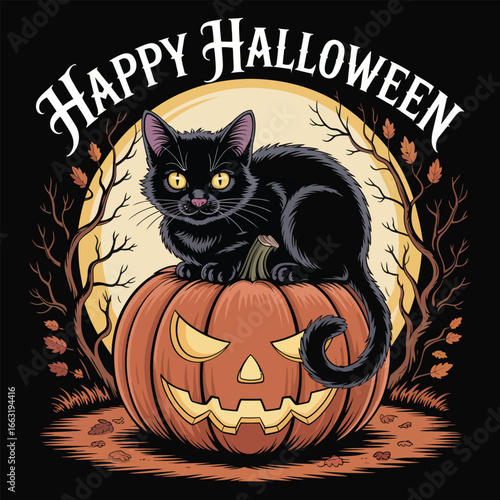Black Cat Sitting on a Jack O Lantern with Autumn Trees halloween pumpkin