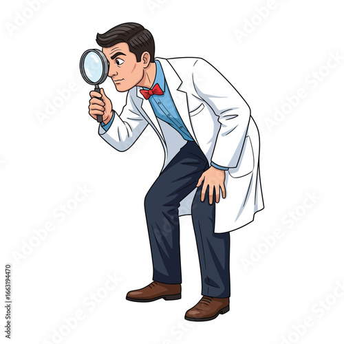 Scientist's Keen Eye: A dedicated scientist, dressed in a crisp lab coat, peers intently through a magnifying glass, demonstrating precision and curiosity in his research endeavors. 
