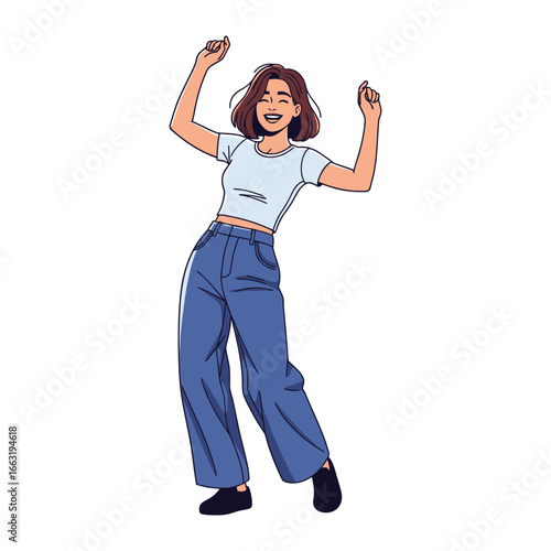 Joyful Dance: A stylish and content woman leaps in animated dance with her arms uplifted, showing pure happiness, rhythm, and liveliness. 