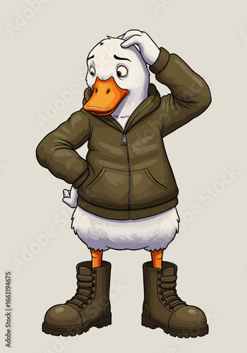 Bewildered anthropomorphic duck wearing a brown zippered hoodie and sturdy laceup boots scratching its head.