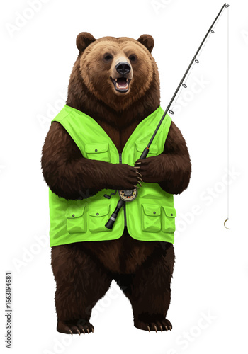 Anthropomorphic Grizzly Bear Dressed in Bright Green Fishing Vest Holding Rod.