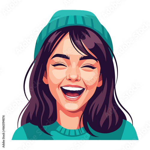Radiant Joy: An illustrative portrait of a happy woman, showcasing her genuine happiness, her eyes sparkling with mirth.