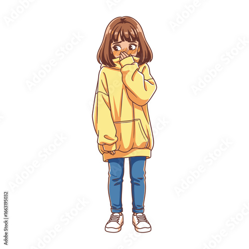 Embarrassed Young Girl: An illustration showcases a shy young girl, hiding her face behind a hand, donning a yellow hoodie and jeans.