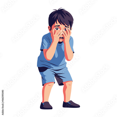 Fearful Child: A young child is in a state of fear, hands covering his eyes, body language speaks volumes, showing vulnerability. The image captures an emotion with an innocence of a child.