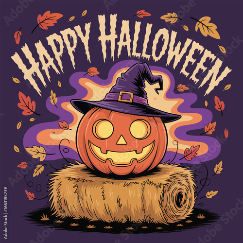 Halloween pumpkin with witch hat on hay bale with autumn leaves jack-o-lantern
