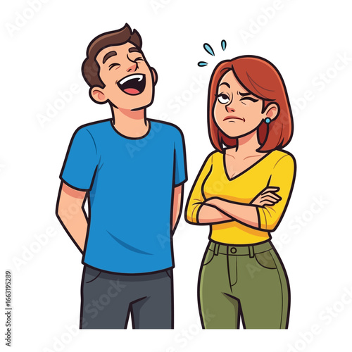 Amused Encounter: A man and a woman, a vivid display of amusement and vexation. The man exudes laughter and enjoyment, while the woman embodies skepticism and a touch of annoyance.