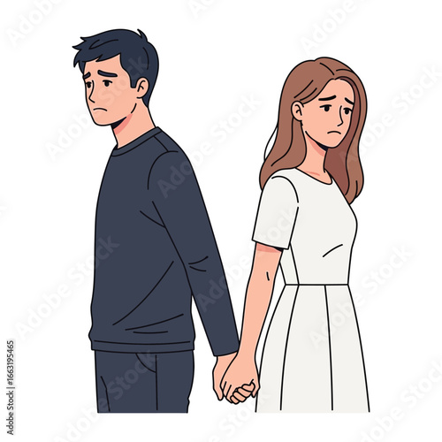Parted Paths: A poignant depiction of a couple, standing back-to-back, holding hands amidst feelings of sadness and heartbreak. Their expression hints at unspoken words. A story of love, loss.