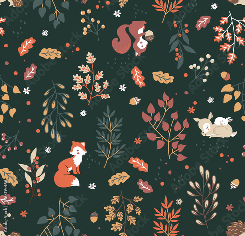 Forest seamless pattern with cute animals - fox, deer, squirrel, rabbit, hedgehog. A pattern of leaves and berries. Vector illustration