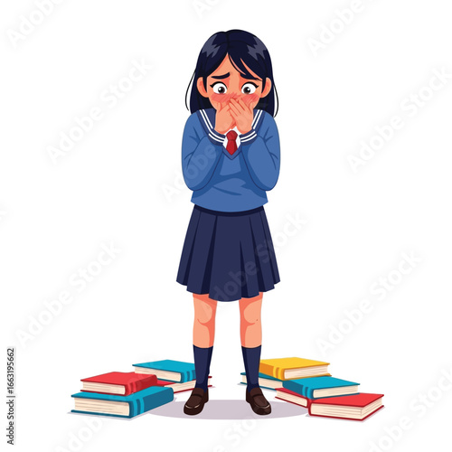 Fear and Books: An illustration portrays a young student, overwhelmed, standing amongst fallen books. She appears worried, possibly stressed.