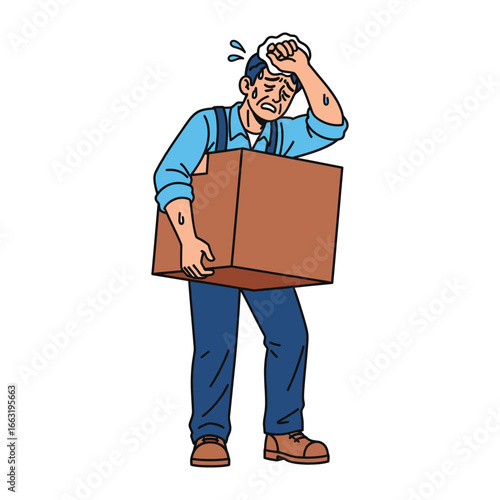 Burden of Labor: An illustration of a weary worker drenched in sweat struggles with the weight of a heavy cardboard box, symbolizing the strains of physical labor.
