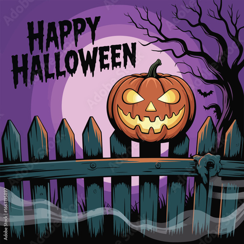 Jack-o-lantern on a wooden fence with Happy Halloween text jackolantern pumpkin