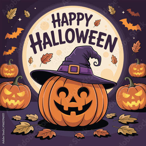 Jack-o-lantern wearing a witch hat with happy Halloween text jackolantern pumpkin