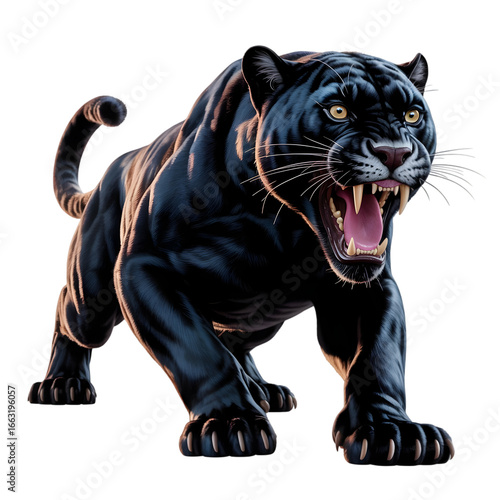 Fierce black panther roaring with sharp teeth isolated on transparent background, a powerful predator