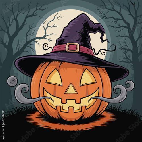 Jack o lantern wearing a witch hat with smoky mustache halloween pumpkin