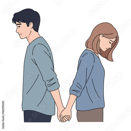 Heartbreak and Separation: A poignant illustration captures the painful end of a relationship as two figures stand back-to-back, hands clasped. This symbolizes the emotional turmoil.
