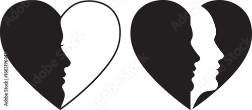 Two hearts with profile silhouettes inside silhouette