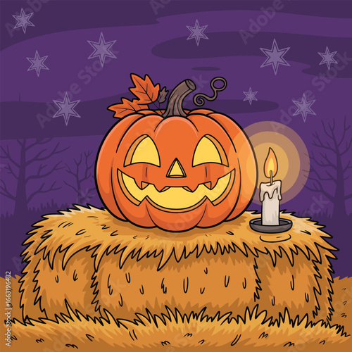 Jack o lantern on a hay bale with a candle and moonlit night Halloween pumpkin