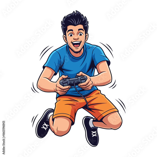 Joyful Gamer in Mid-Air: A young, energetic gamer levitates with pure excitement, engrossed in the digital world, controller firmly in hand, embodying youthful enthusiasm.