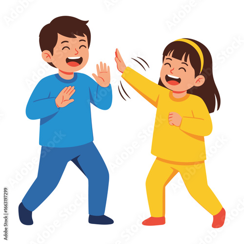 Joyful Friendship: Two young children, beaming with happiness, playfully interact, showcasing the beauty of camaraderie and innocence.