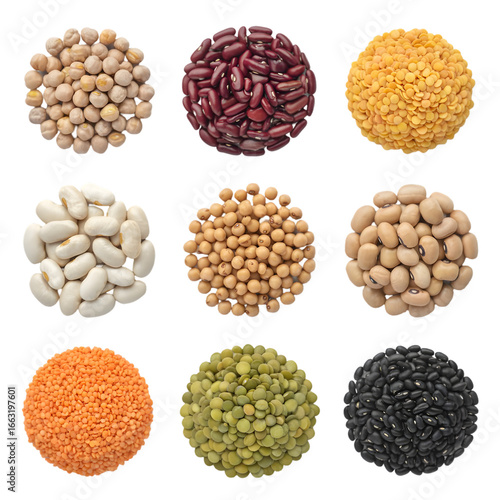 Collection of different types of beans and lentils isolated on transparent background in circles