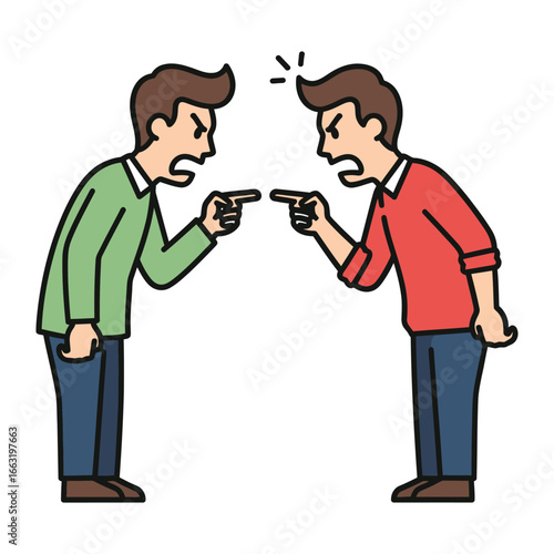 Conflict Illustration: A striking cartoon illustration depicts two figures locked in an intense confrontation, fingers pointed and voices raised, symbolizing disagreement and dispute.